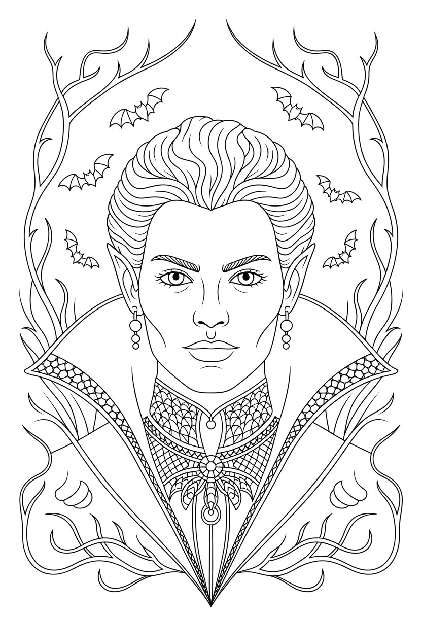 Gothic Coloring Pages for Adults: Top 20 Designs to Download as PDF and Png Files. 26 A portrait of a vampire with sharp features, pointed ears, and flowing hair, surrounded by thorny vines and bats.